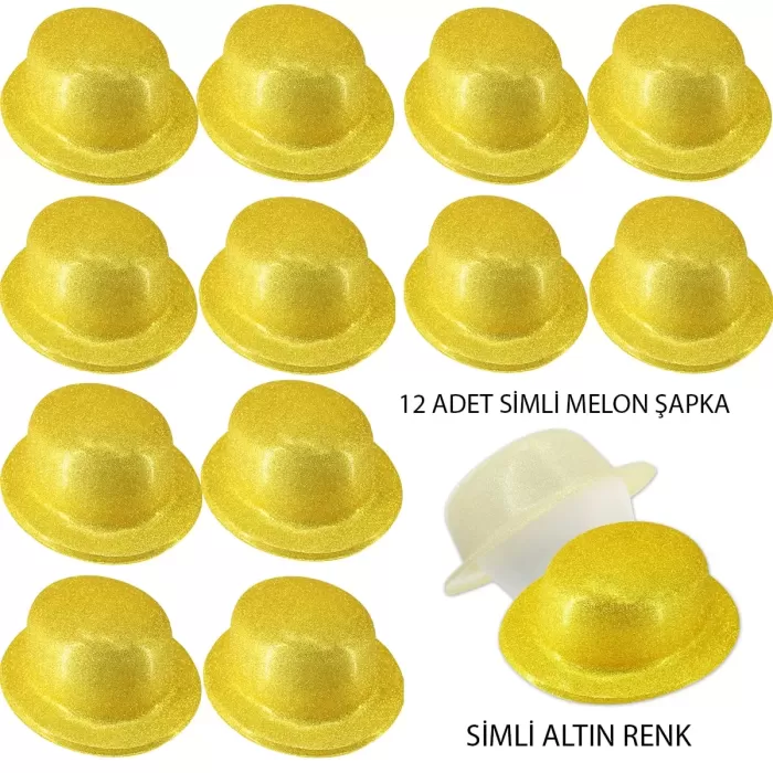 Altın Renk Simli Melon Yuvarlak Parti Şapkası 12 Adet (4172)