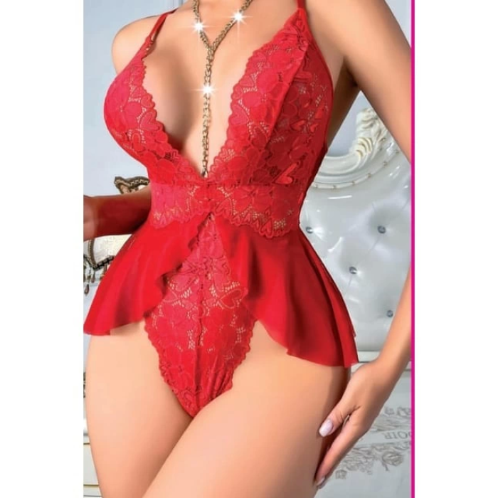 3597 Kırmızı Zincir Detaylı Bodysuit