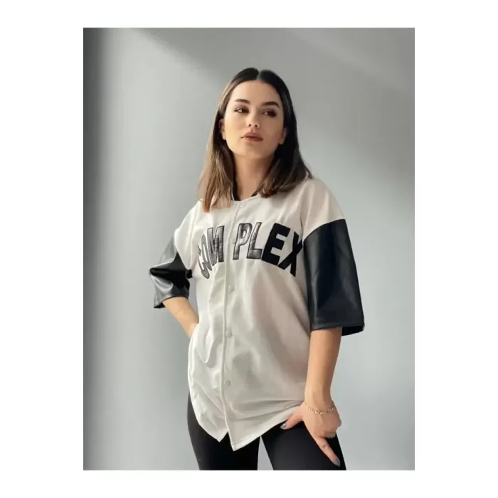 Comp Kolları Deri Kolej Oversize T-Shirt - Beyaz