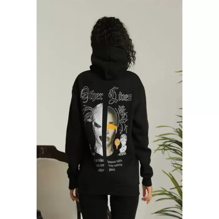 Sırt Baskılı Oversize Üç İplik Kapüşonlu Sweatshirt - Siyah