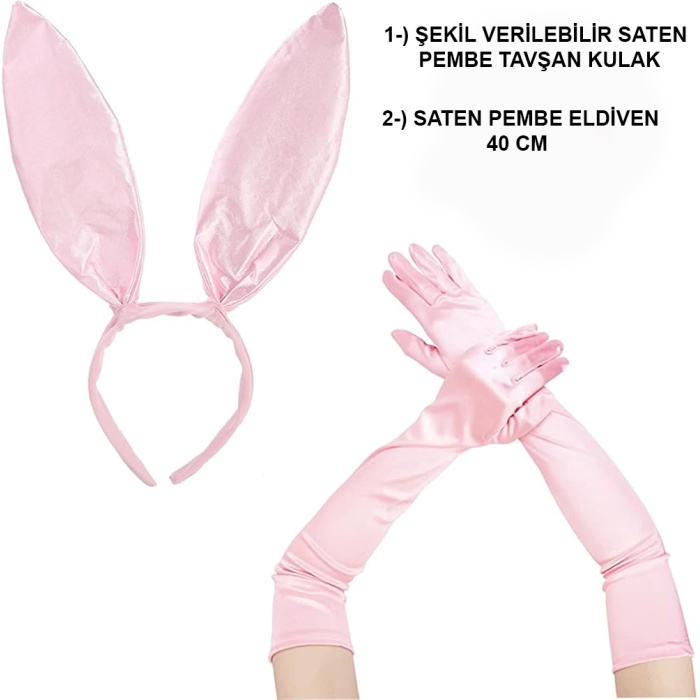 Saten Kaplama Soft Pembe Eldiven 40 Cm Ve Tavşan Kulak 2 Li Set