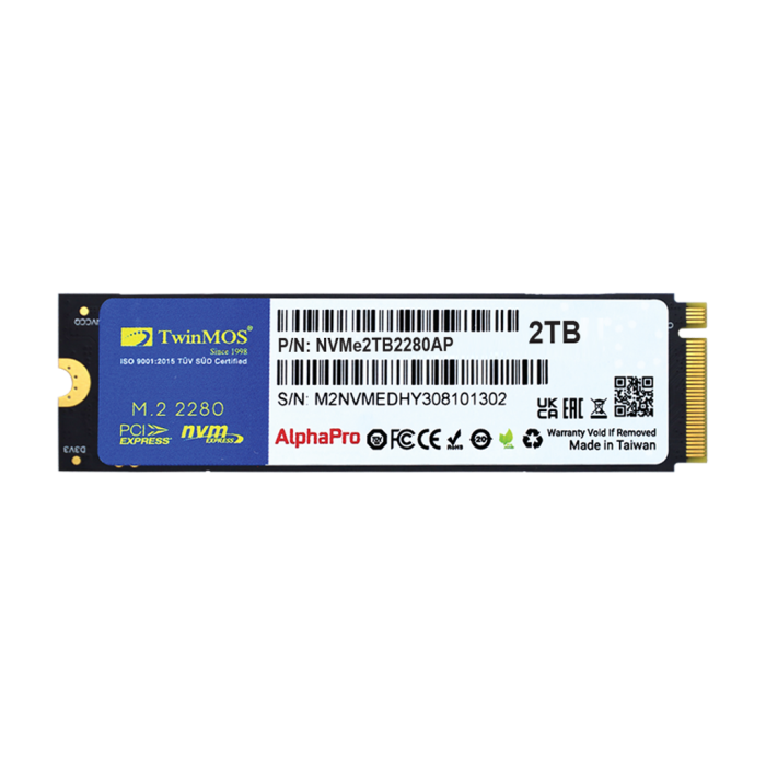 Twinmos Nvme2Tb2280Ap, Alphapro, 2Tb, 3600-3250Mb/S, Gen3, Nvme Pcie M.2 2280, Ssd, Tlc, 3Dnand