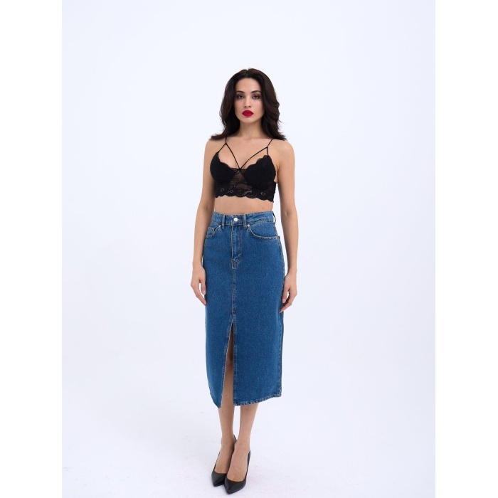 6471 Deni̇m Midi Slit Skirt-Koyu Mavi̇