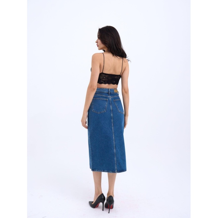 6471 Deni̇m Midi Slit Skirt-Koyu Mavi̇