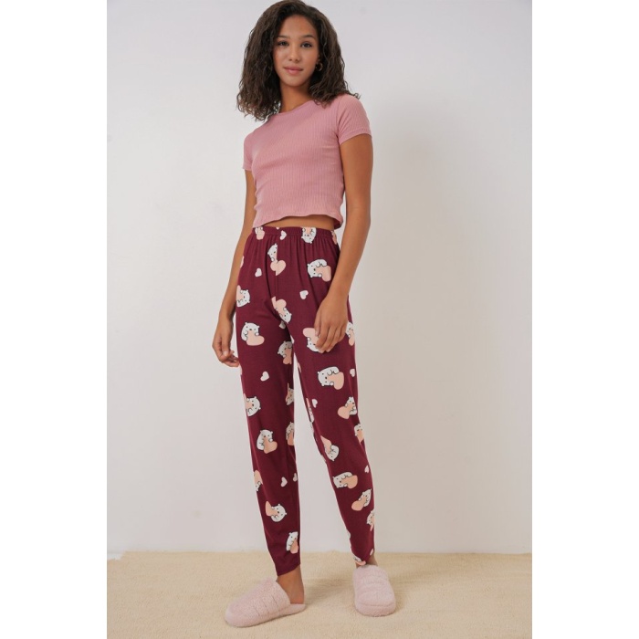 4323 Desenli Pijama Altı - Bordo