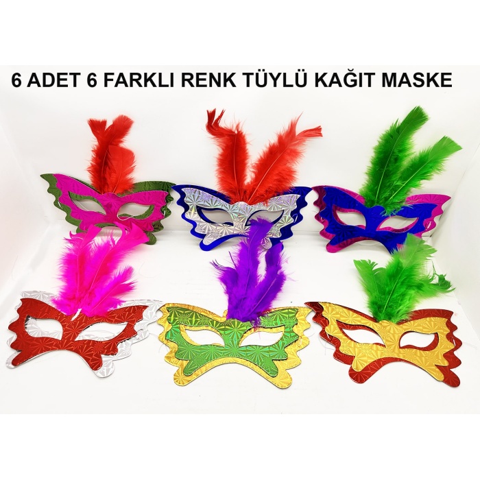 Tüylü Kağıt Karnaval Maskesi (6&#39;Lı Set)