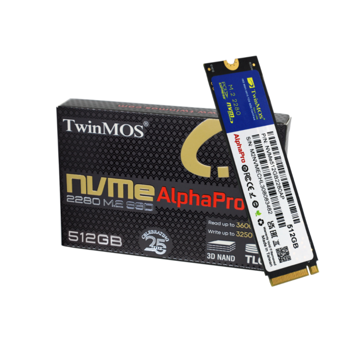 Twinmos Nvme512Gb2280Ap, Alphapro, 512Gb, 3600-3250Mb/S, Gen3, Nvme Pcie M.2 2280, Ssd, Tlc, 3Dnand