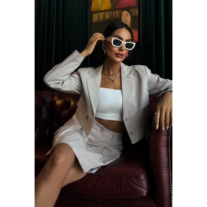 Crop Ceketli Ve Pile Etekli Garnili Takım 10111
