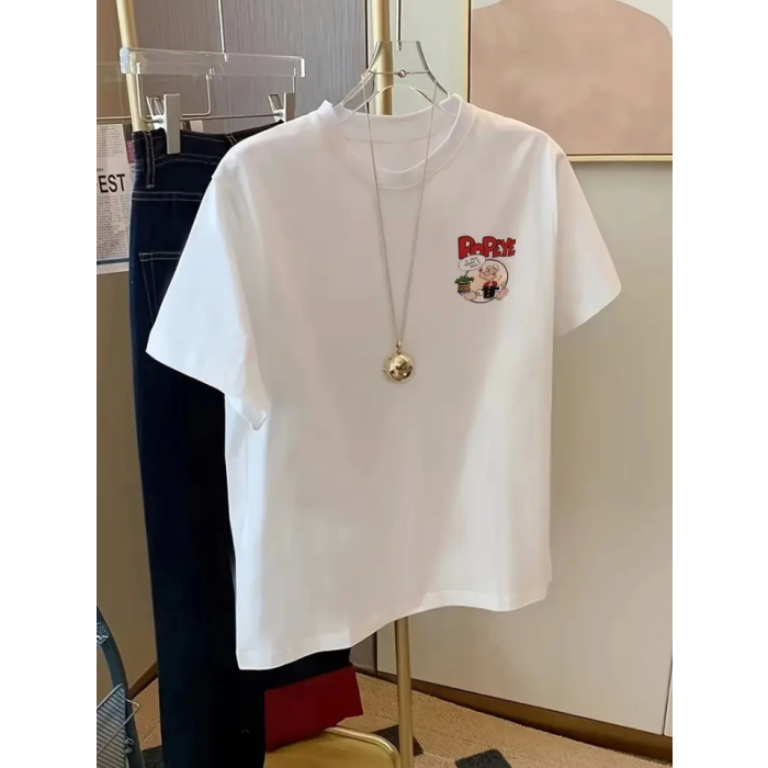 Baskılı Oversize Bisiklet Yaka T-Shirt - Beyaz