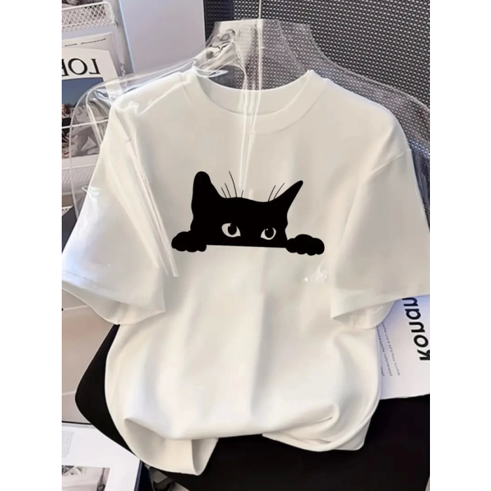Baskılı Oversize Bisiklet Yaka T-Shirt - Beyaz