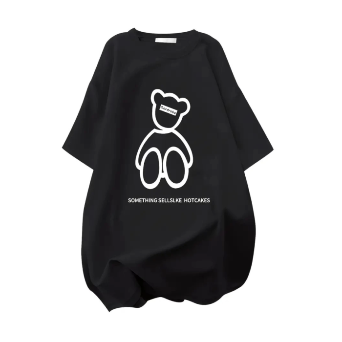 Baskılı Oversize Bisiklet Yaka T-Shirt - Siyah