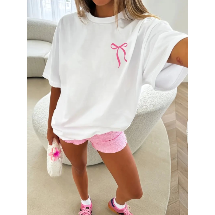 Fiyonk Baskılı Oversize Bisiklet Yaka T-Shirt - Beyaz