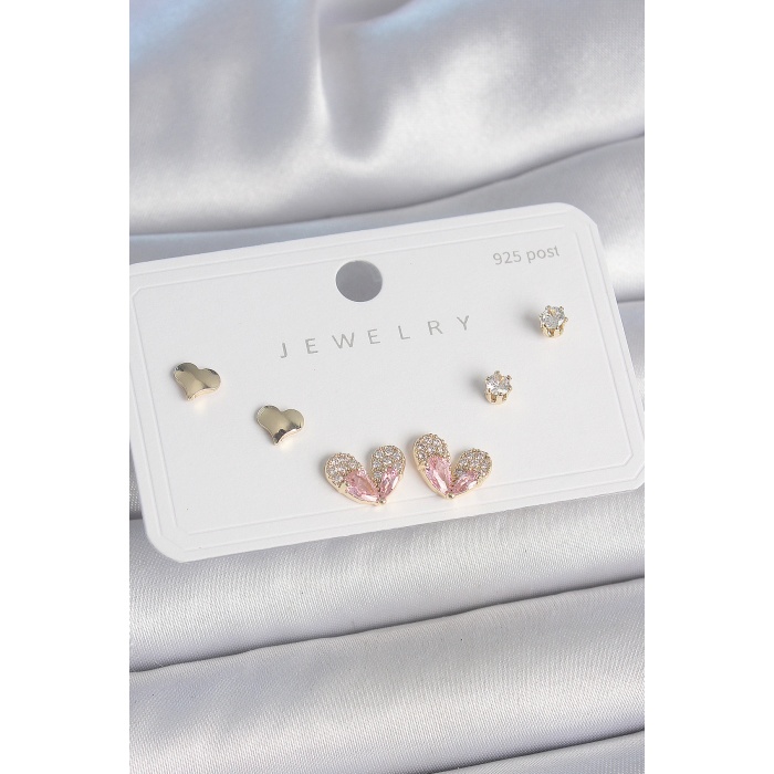 Pirinç Gold Renk Pembe Zirkon Taşlı Kalp Model 925 Ayar  Çivi Kadın Küpe Seti