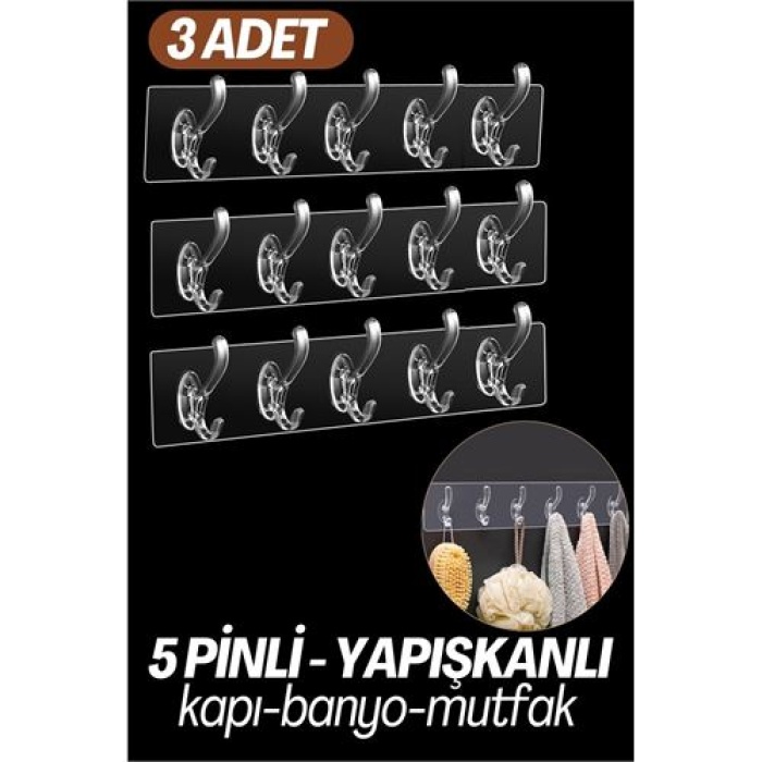  5 Pinli Yapışkanlı Askı Xenoty Design 3 lü SET