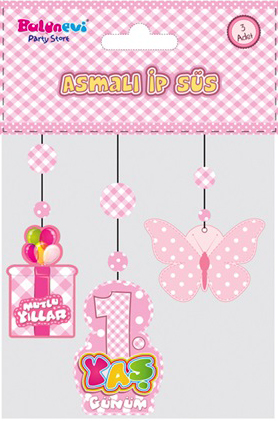 1 Yaş Temalı Asmalı Ip Süs Pembe Renk 3 Lü Set 12X45 Cm