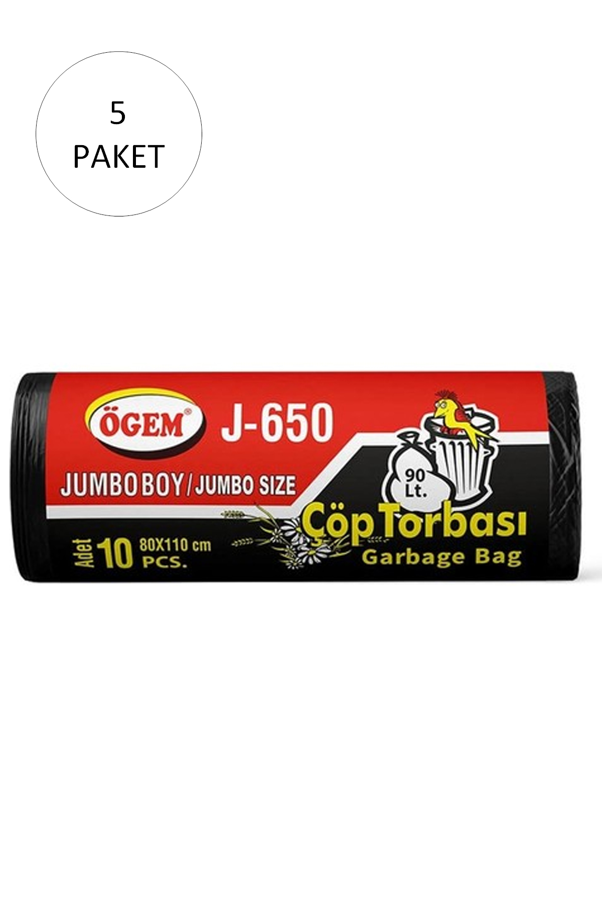 J-650 Jumbo Boy Çöp Torbası 80 x 110 cm 10 Lu Rulo x 5 Paket = 50 Adet (Siyah)