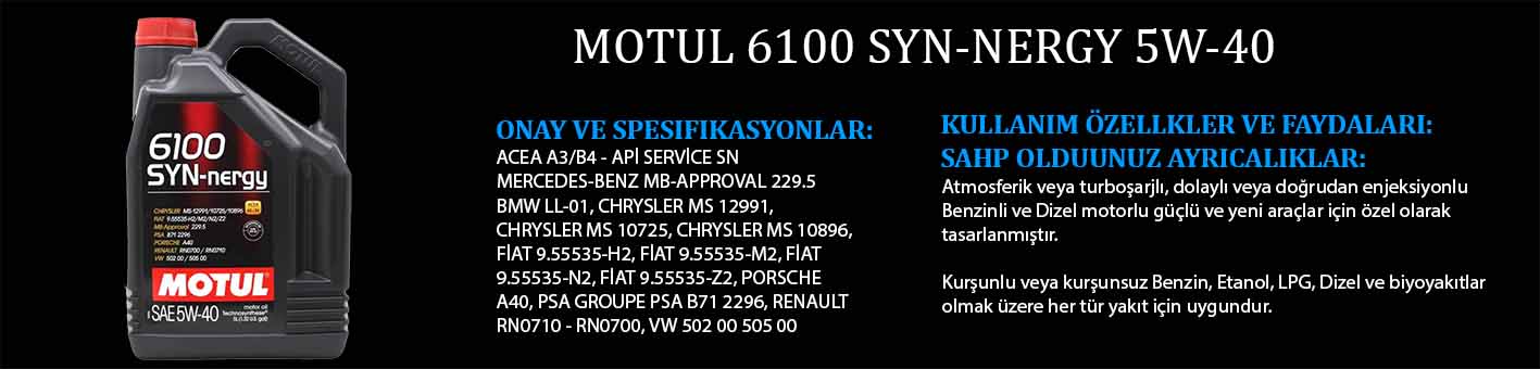 Motul 6100 Syn-nergy+ 5W-40 4lt, yüksek performanslı sentetik motor yağı. Mükemmel motor koruması ve uzun ömür sağlar.