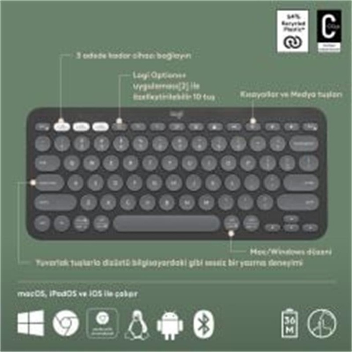 LOGITECH K380S PEBBLE KEYS 2 ÇOKLU CİHAZ ÖZELLİKLİ BLUETOOTH TÜRKÇE Q KLAVYE GRİ 920-011859