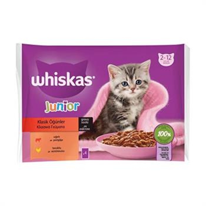 Whiskas Pouch Sos İçinde Sığırlı ve Tavuklu Yavru Kedi Konservesi 85gr (4lü)