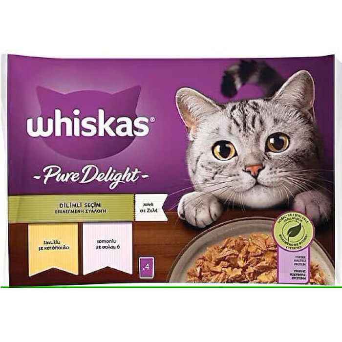 Whiskas Pouch Pure Delight Jöle İçinde Tavuklu ve Somonlu Yetişkin Kedi Konservesi 85gr (4lü)