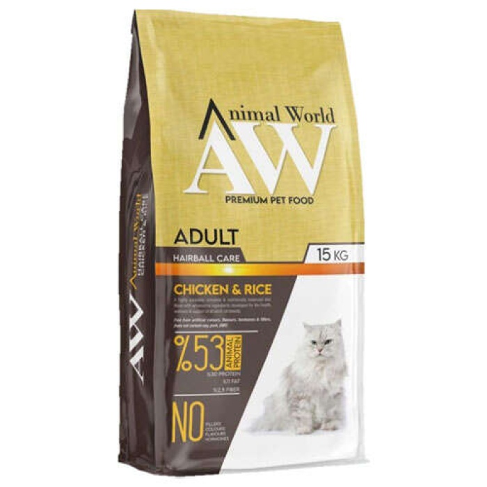 Animal World Hairball Tüy Yumağı Önleyici Tavuklu Kedi Maması 15 Kg