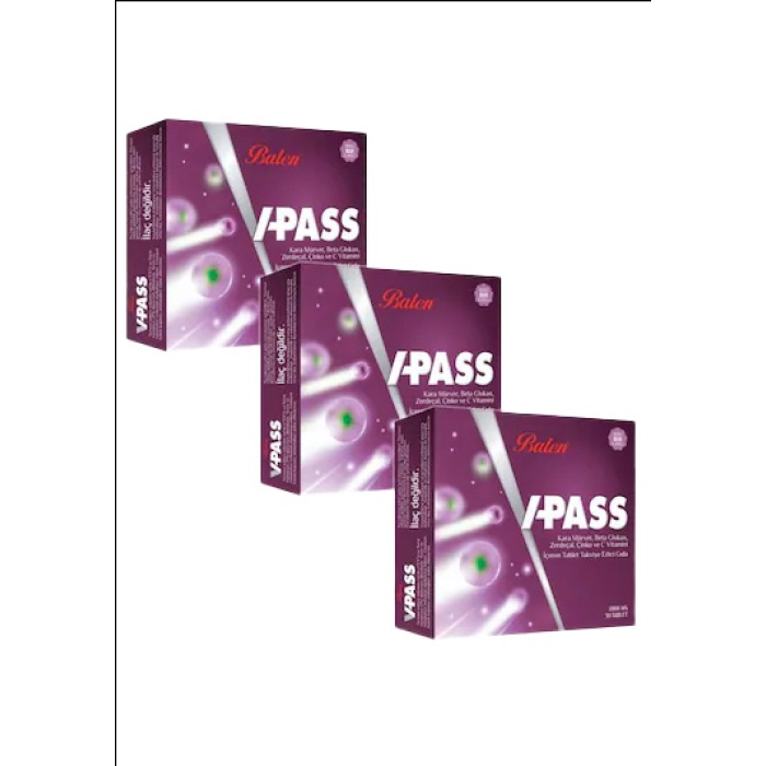 V-PASS KARA MÜRVER, BETA GLUKAN, ZERDEÇAL, ÇİNKO  VE C VİTAMİNİ TABLET 1000 MG*30 3 ADET